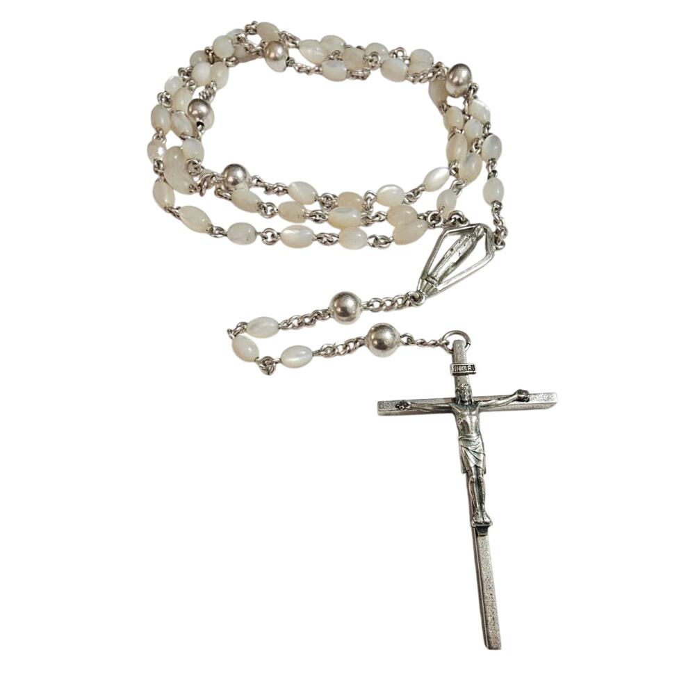 Vintage Creed Co Sterling Silver Genuine Mother of Pearl Rosary Necklace